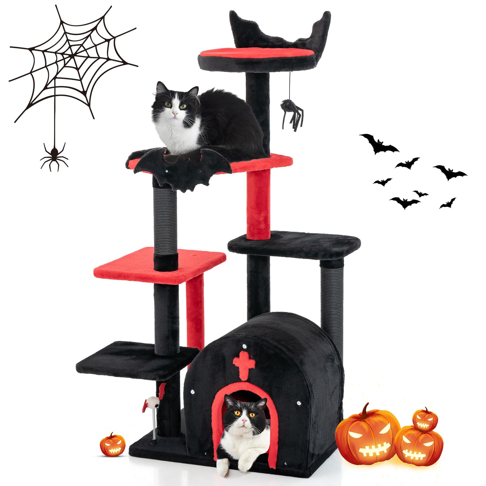 Arbre à chat gothique Tangkula, tour à chat noire de 135 cm avec lit en forme de cercueil, pompon araignée et balles à ressorts